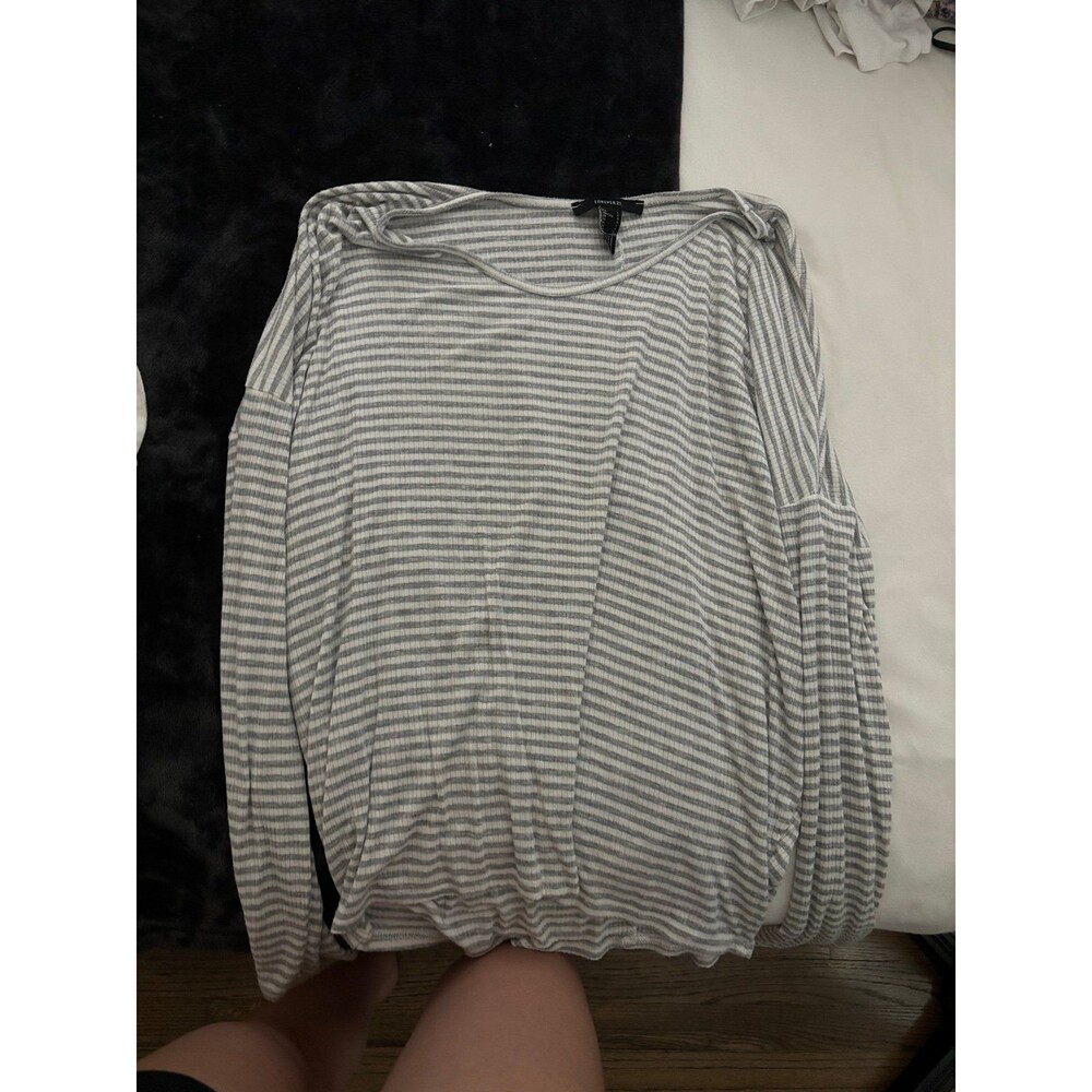 Forever 21 Grey and White Striped Long Sleeve Top - Size Large